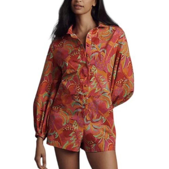 Farm Rio x Anthropologie Long-Sleeve Printed Collared Romper, Oversized, Small - Picture 2 of 10